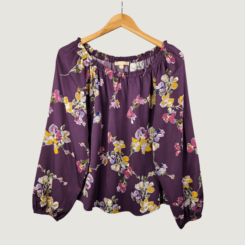 Hope & Harlow Floral Top Women L Purple Balloon Sleeve NWT Peasant Cottagecore
